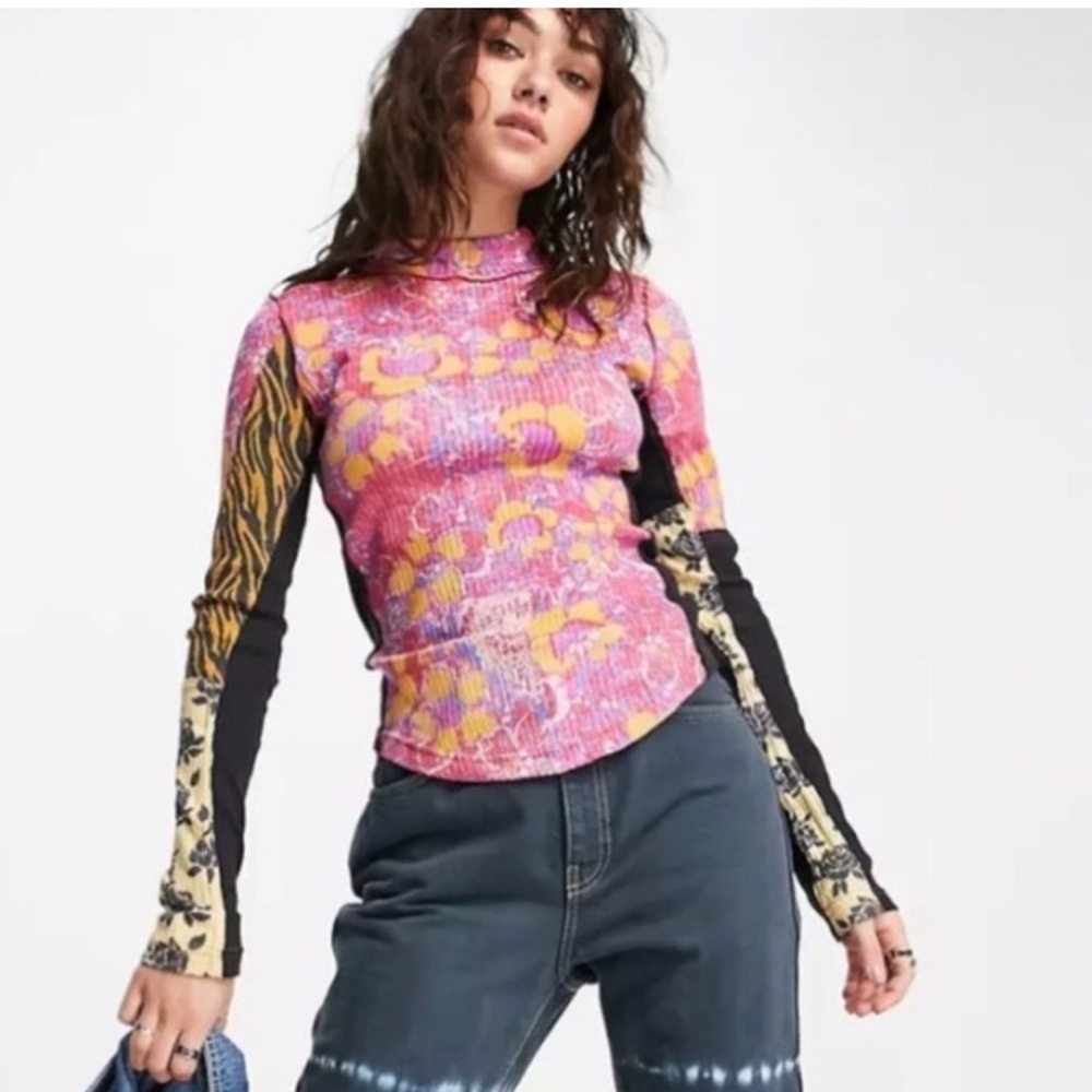 Free People Pink Floral and Animal Print Long Sleeve Top